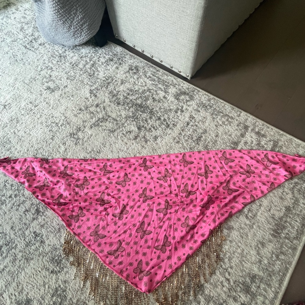 Pink Butterfly Print Scarf with Fringe